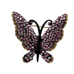 Kramer Butterfly Brooch With‎ Clear And Pink Rhinstones